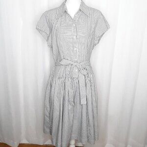 Norma Kamali Gray White Pinstripe A-Line Shirt Dress Belted